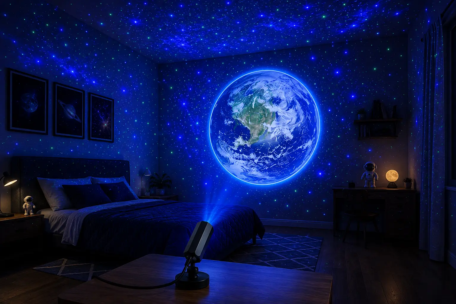 Black planetarium star projector displaying a glowing Earth and blue stars across an entire bedroom