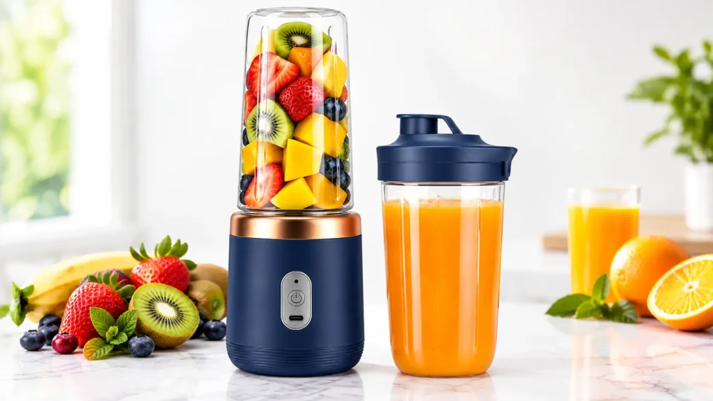 QLECT portable blender in blue with 400ml capacity rechargeable battery and stainless steel blades